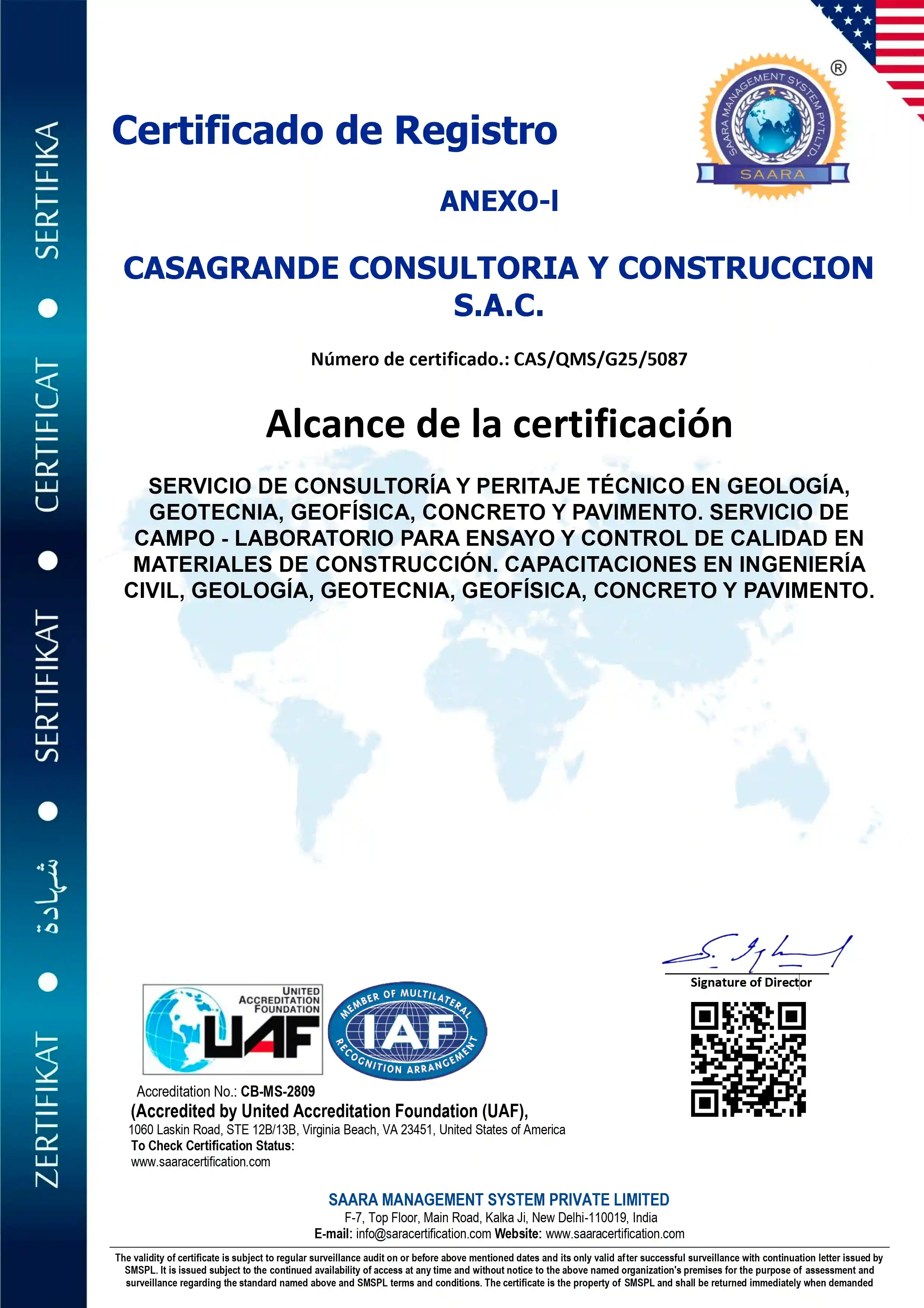 Certificado: ISO 9001:2015 – Sistema de Gestión de Calidad
